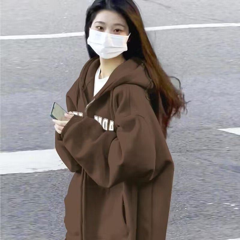 韓系chic寬鬆慵懶風連帽開衫衛衣女oversize秋季新款百搭拉鏈外套