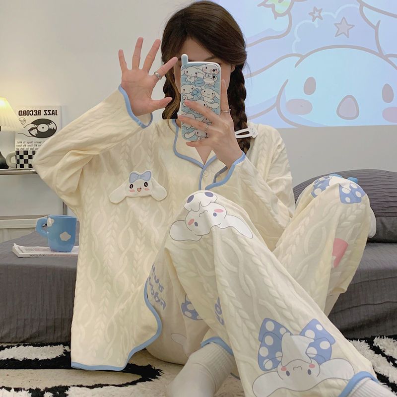 ins風睡衣春秋新款可愛卡通開衫薄款長袖長褲宿舍居家服外穿套裝