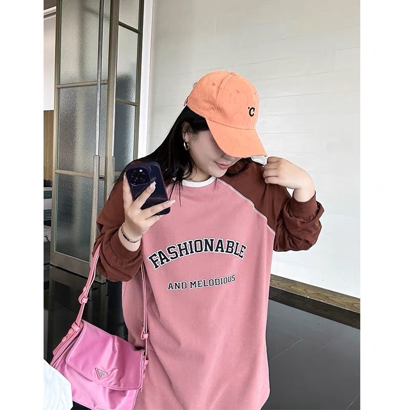 美式復古大碼200斤長袖T恤女秋冬新款胖mm寬鬆遮肉顯瘦插肩袖上衣