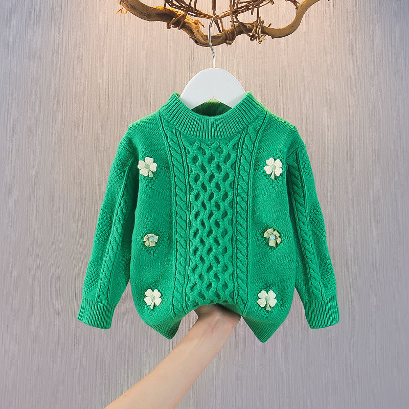 女童毛衣秋冬季新款洋气儿童上衣女宝宝绿色冬装加厚针织打底