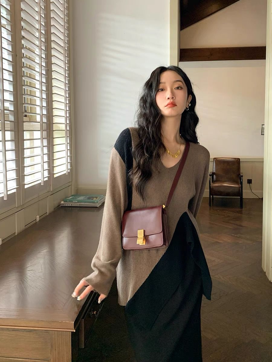 任小藝奶茶系v領毛衣女薄款春秋穿搭設計感小眾不規則針織衫上衣