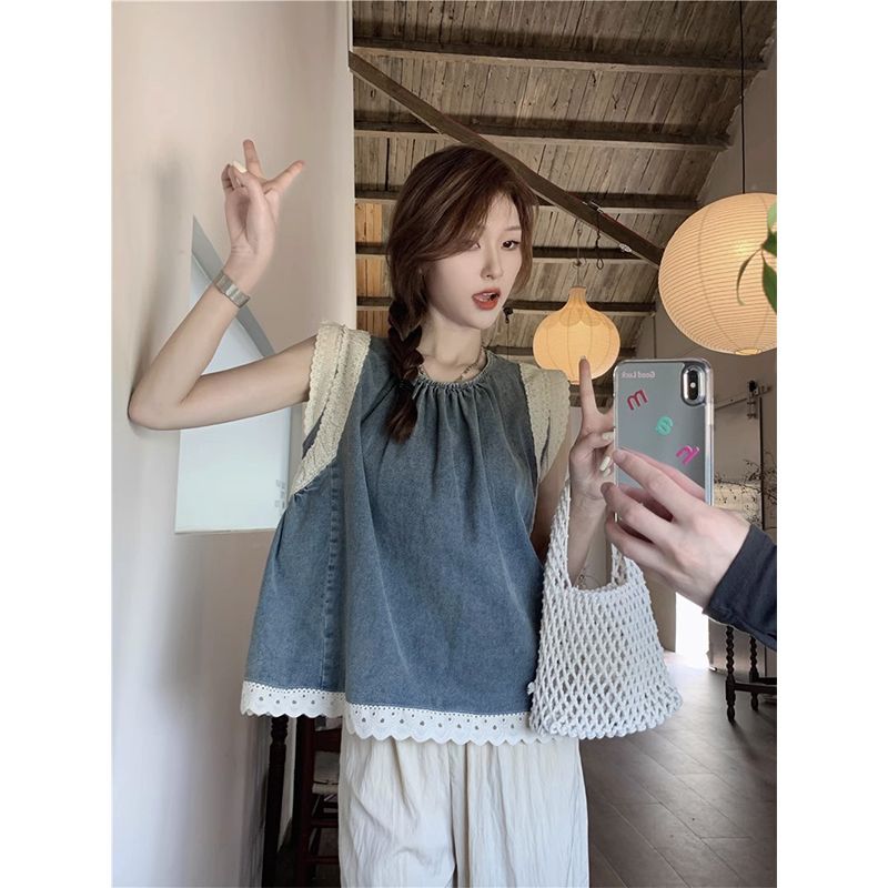 牛仔無袖襯衫女裝2023年夏季新款穿搭襯衣蕾絲拼接小眾設計感上衣