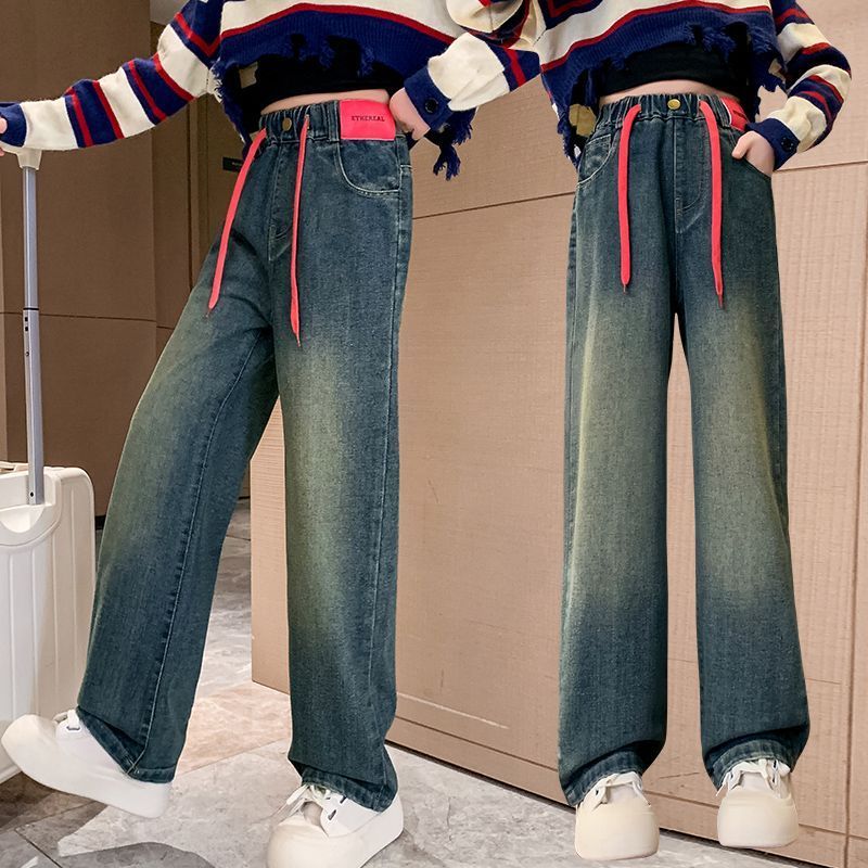 女童牛仔褲春秋2023新款兒童秋季長褲子中大童網紅炸街秋裝闊腿褲