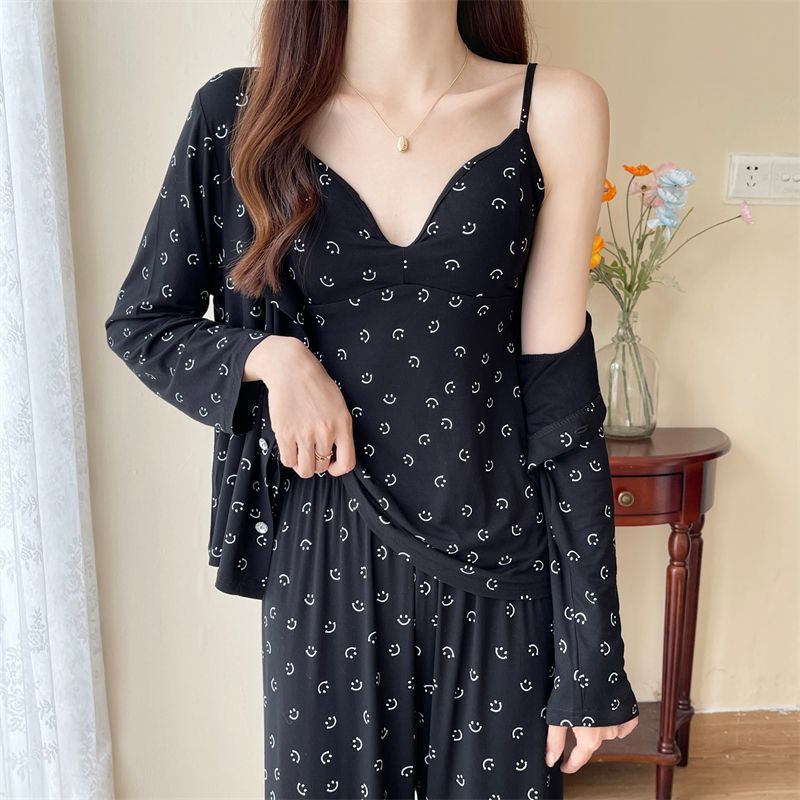 Cardigan trousers with chest pads and suspenders, smiley face printed pajamas for women, spring and autumn 2023 new cute home set