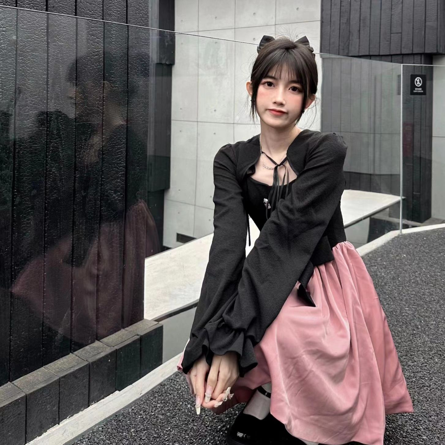 2023初秋爆款辣妹兩件套裝裙撞色法式吊帶可愛小黑裙森系初戀裙子