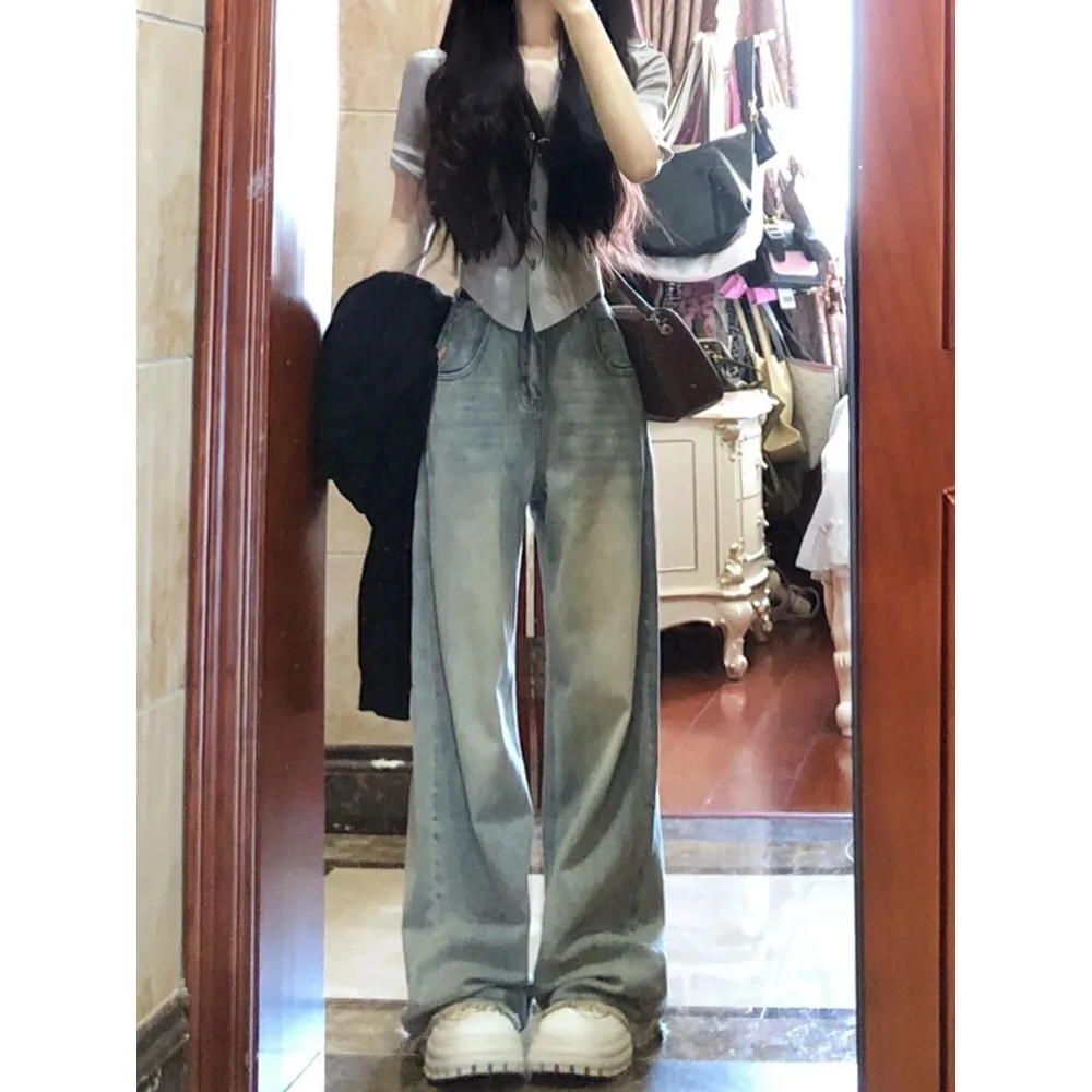復古做舊毛邊闊腿牛仔褲女秋季2023新款寬鬆顯瘦高腰直筒拖地褲子
