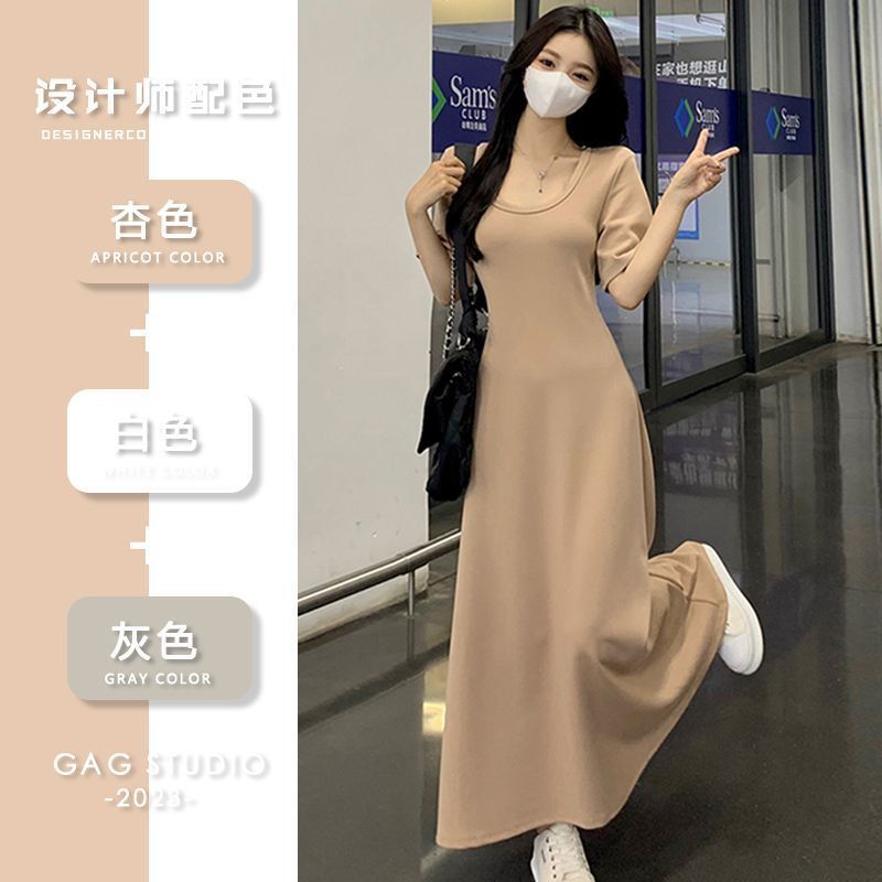 陌伯格大碼高級女夏季新款顯瘦修身長裙微胖mm收腰遮肚T恤連衣裙