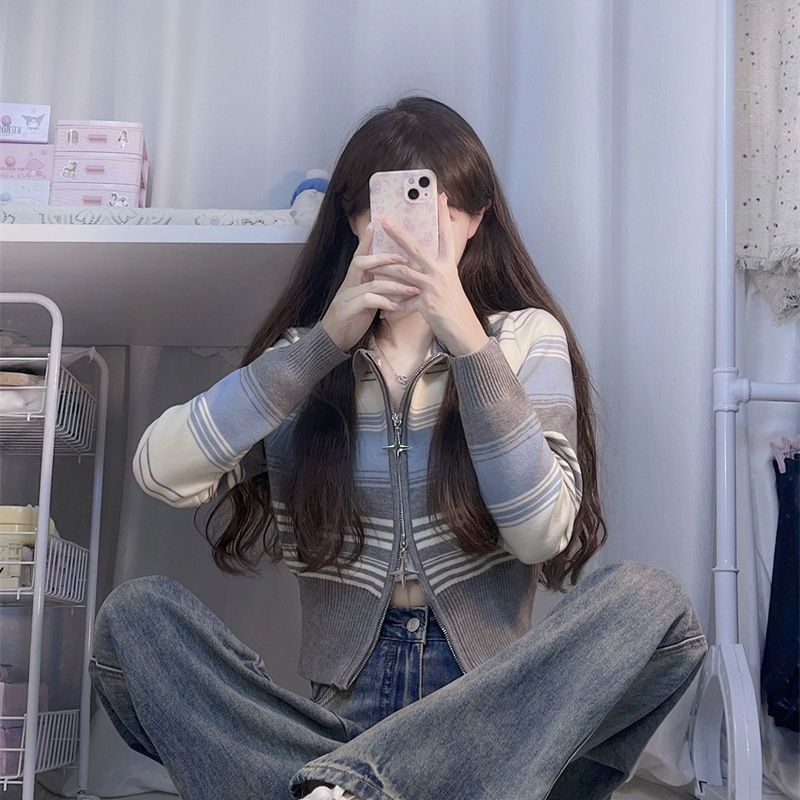 針織衫外套女新款ins韓系潮流顯瘦甜辣風小個子短款拼色毛衣開衫