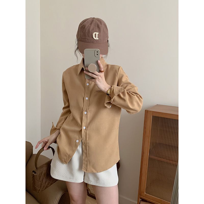 卡其色襯衫女秋冬季長袖通勤加厚襯衣復古港風設計感百搭翻領上衣