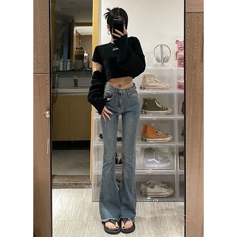 美式復古微喇叭牛仔褲女秋高腰顯瘦彈力修身高個子加長毛邊拖地褲