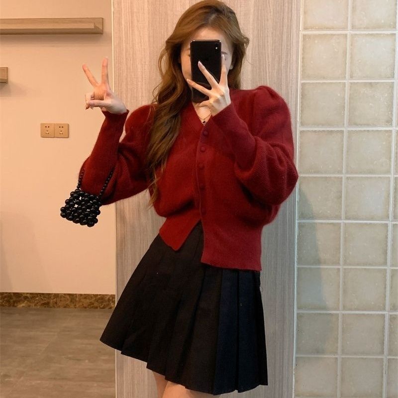 法式泡泡袖紅色開衫毛衣女短款秋冬季設計感內搭針織上衣外套女裝