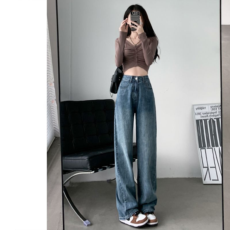 復古藍闊腿牛仔褲女秋冬2023新款高腰大碼梨形身材直筒寬鬆拖地褲