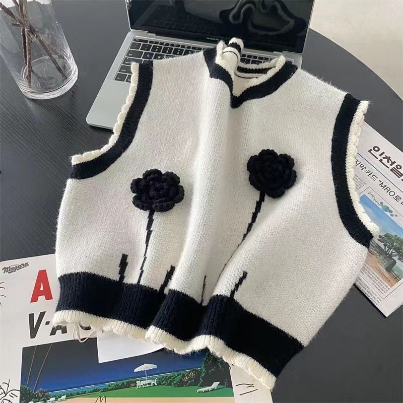 Autumn and winter new sleeveless sweater vest vest design niche small flower waistcoat knitted top layered wear trendy
