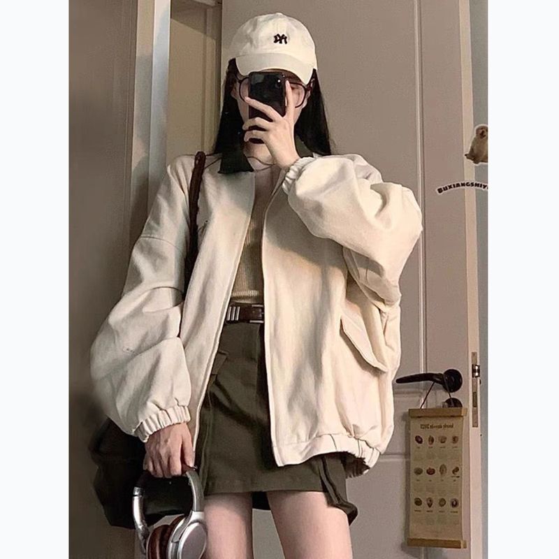 美式復古翻領夾克外套女春秋寬鬆百搭潮牌學生撞色早秋棒球服上衣