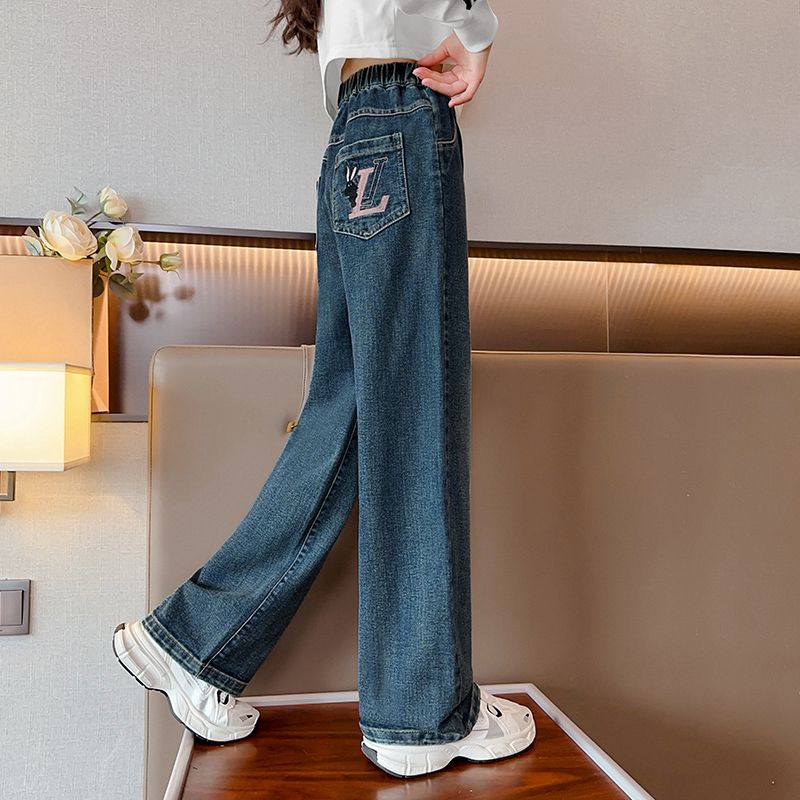 女童秋裝休閒褲子2023新款兒童牛仔闊腿褲中大童秋季洋氣寬鬆長褲