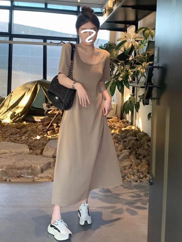 陌伯格大碼高級正肩U型領氣質休閒女胖mm夏季新款遮肉顯瘦連衣裙