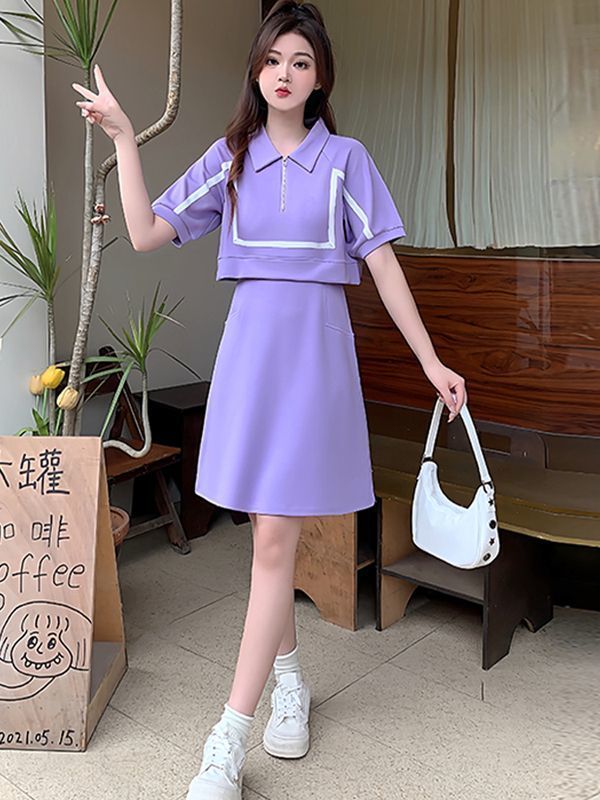 大码女装2023夏季新款韩版时尚翻领显瘦假两件休闲风卫衣款连衣裙