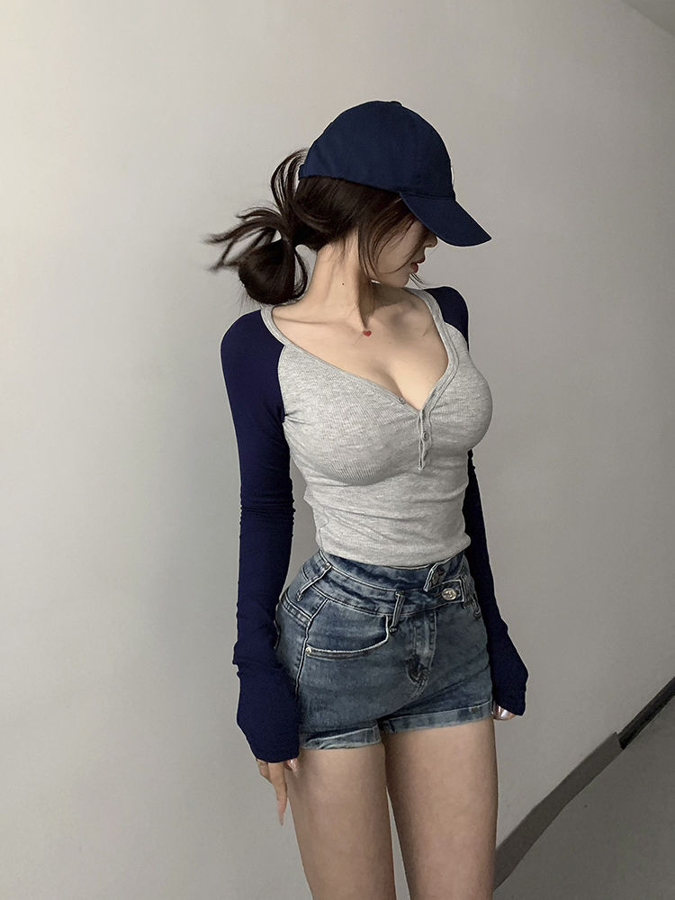 歐美辣妹風撞色V領排扣長袖T恤女春秋茶藝風修身瑜伽健身緊身上衣