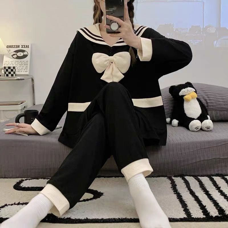ins韓版黑色睡衣女春秋新款甜美蝴蝶結長袖網紅可外穿家居服套裝