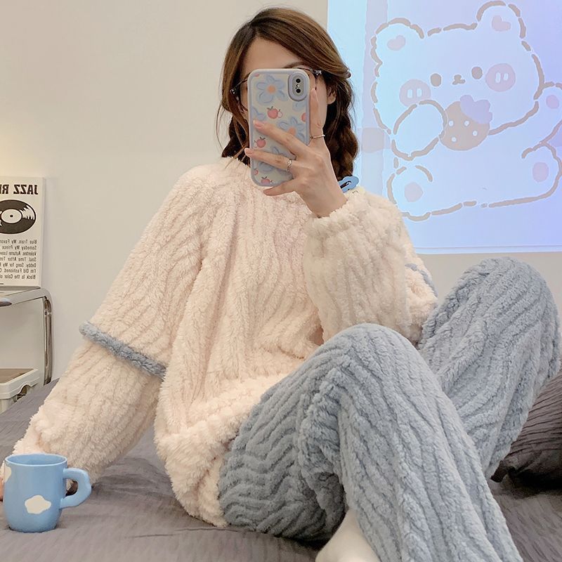 珊瑚絨睡衣女2023年冬季新款加厚加絨甜美可愛法蘭絨家居服套裝