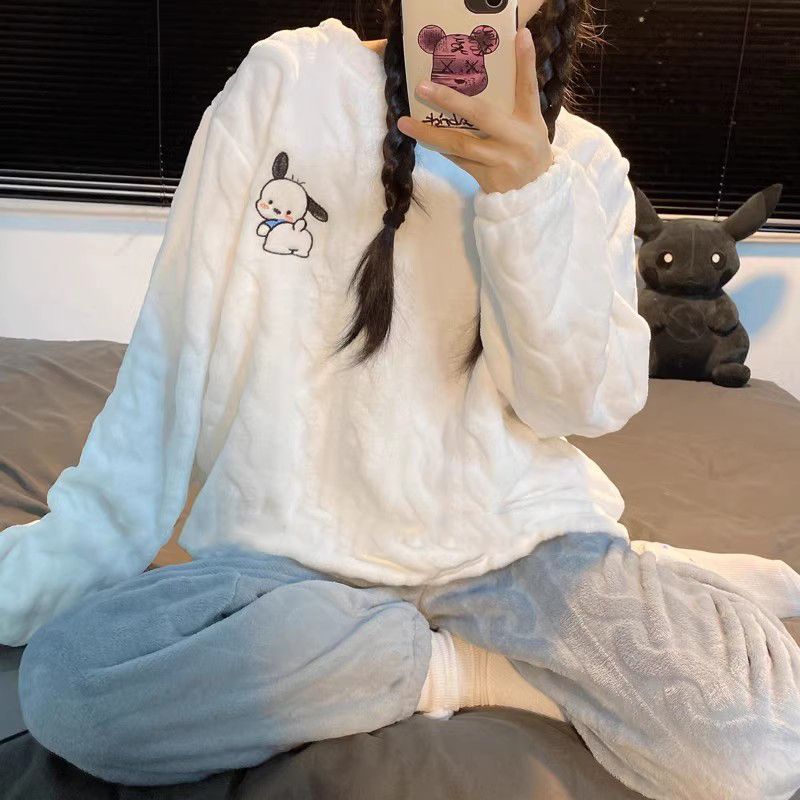 加絨加厚珊瑚絨睡衣女秋冬季網紅風春秋冬天法蘭絨可愛家居服套裝