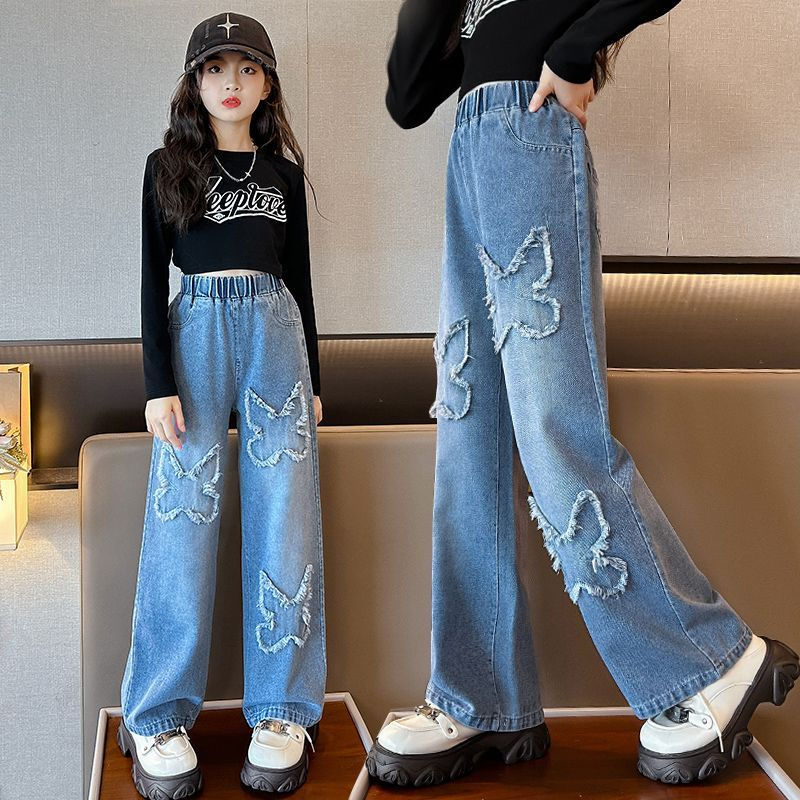 女童牛仔褲春秋2023新款網紅大童秋裝外穿秋季直筒闊腿褲兒童褲子
