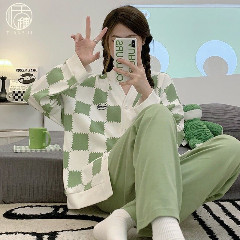 春秋季格子睡衣女棉質開衫長袖高級感網紅風大碼薄款可外穿家居服