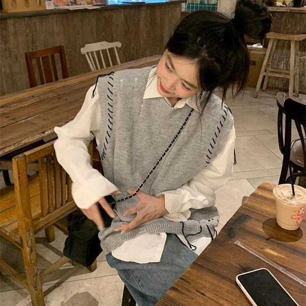 復古設計感無袖針織馬甲女春秋新款寬鬆百搭疊穿灰色毛衣背心上衣