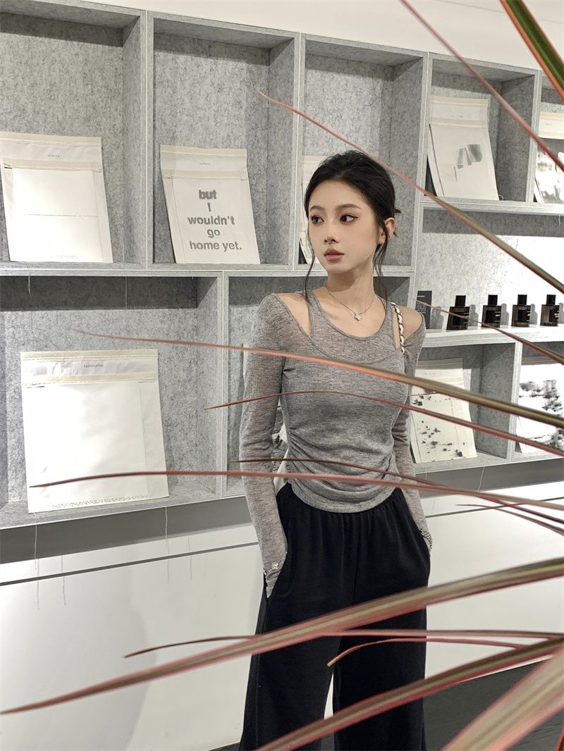 薄紗坑條針織防曬假兩件T恤秋季新款純欲風辣妹顯瘦時尚打底上衣