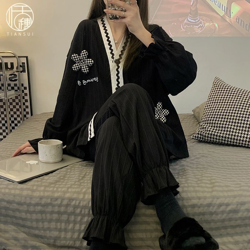 純棉春秋季新款女士睡衣長袖寬鬆高級感網紅風家居服兩件套可外穿