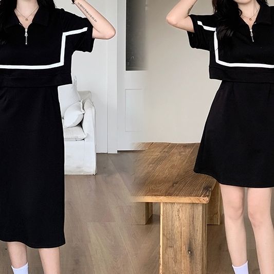 陌伯格大码气质假两件黑色连衣裙女夏季新款显瘦裙子小众设计感
