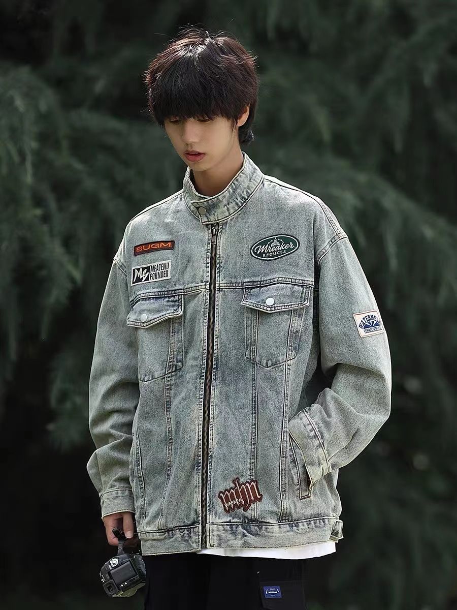  New American Retro Thin Spring and Autumn Denim Jacket Men's Spring and Autumn Loose Stand Collar Handsome Denim Jacket
