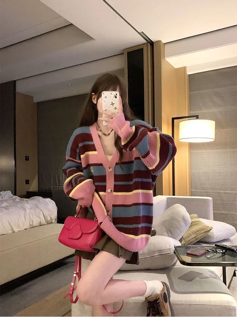 韓系高級百搭顯瘦寬鬆開衫毛衣女甜辣純欲風長袖條紋針織上衣外套