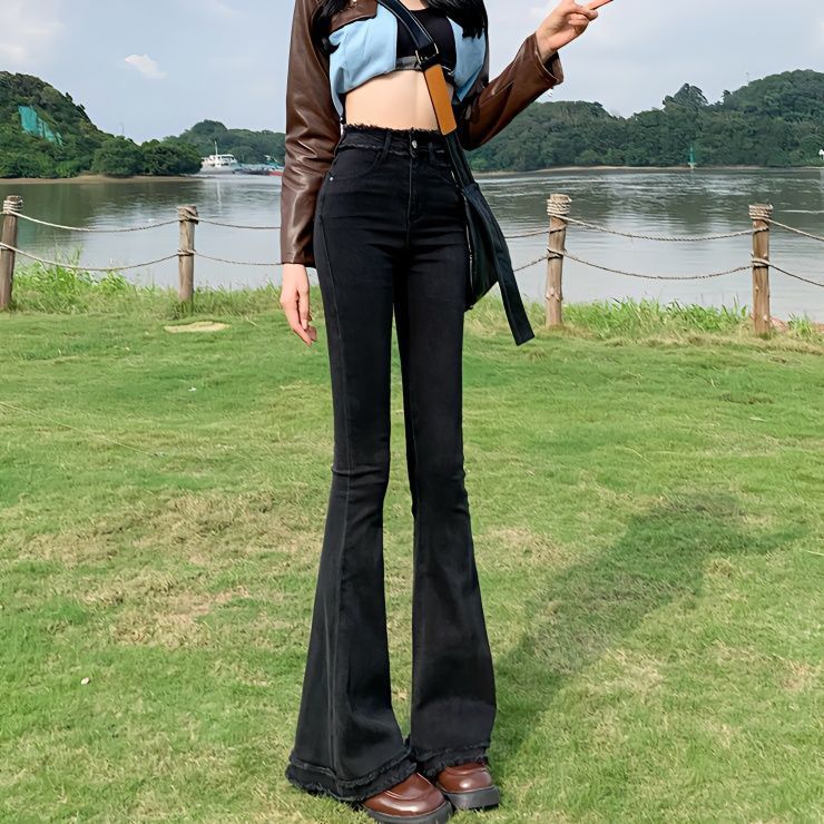黑色毛邊微喇叭褲女高腰2023年新款秋冬季修身彈力顯瘦牛仔褲長褲