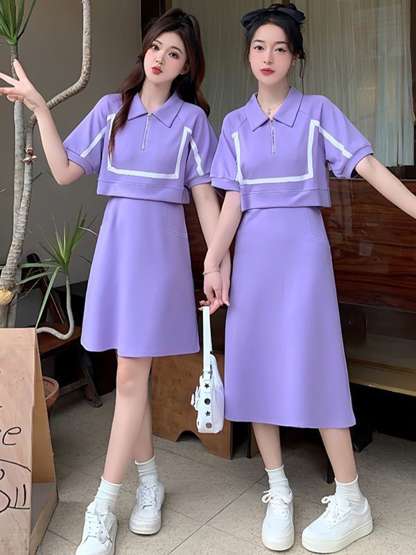 大码女装2023夏季新款韩版时尚翻领显瘦假两件休闲风卫衣款连衣裙