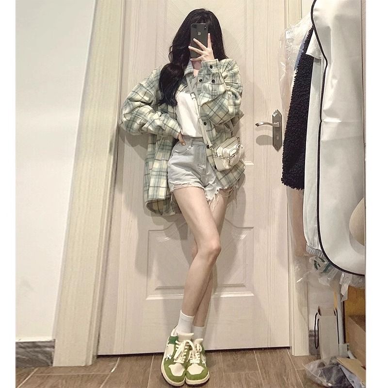 港味復古chic格子襯衫女寬鬆長袖襯衣設計感oversize夏季防曬外套