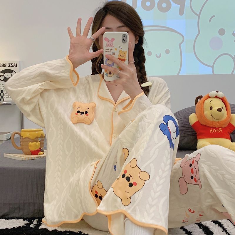 ins風網紅新款睡衣春秋季開衫長袖長褲卡通可愛外穿學生宿舍套裝
