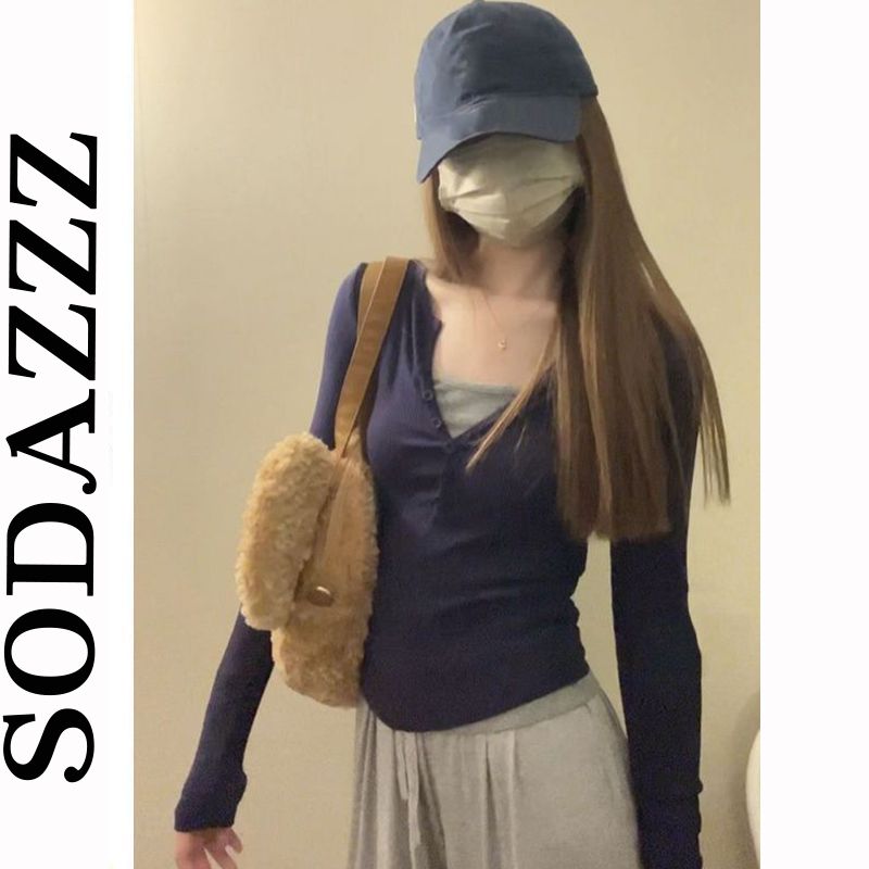 正肩假兩件長袖t恤女春秋內搭打底衫修身顯瘦甜辣妹短款別致上衣