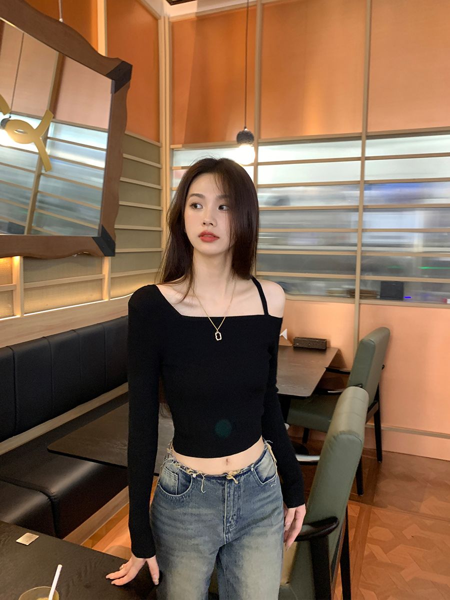 Casual thin design black off-the-shoulder sweater for women spring and autumn slim fit outer wear bottoming long-sleeved top trendy