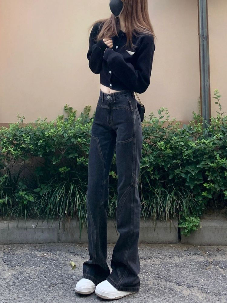 設計感低腰微喇叭牛仔褲女秋季新款寬鬆闊腿顯瘦窄版直筒拖地褲子