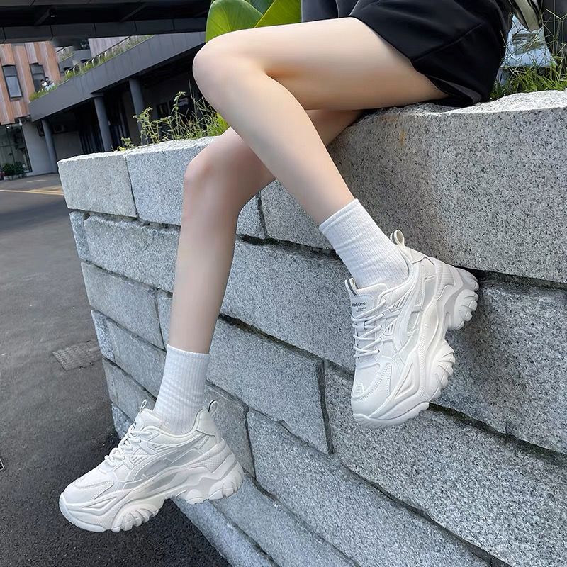 卡瑞衿老爹鞋女透氣2023新款夏季薄款真皮小白鞋厚底增高運動鞋