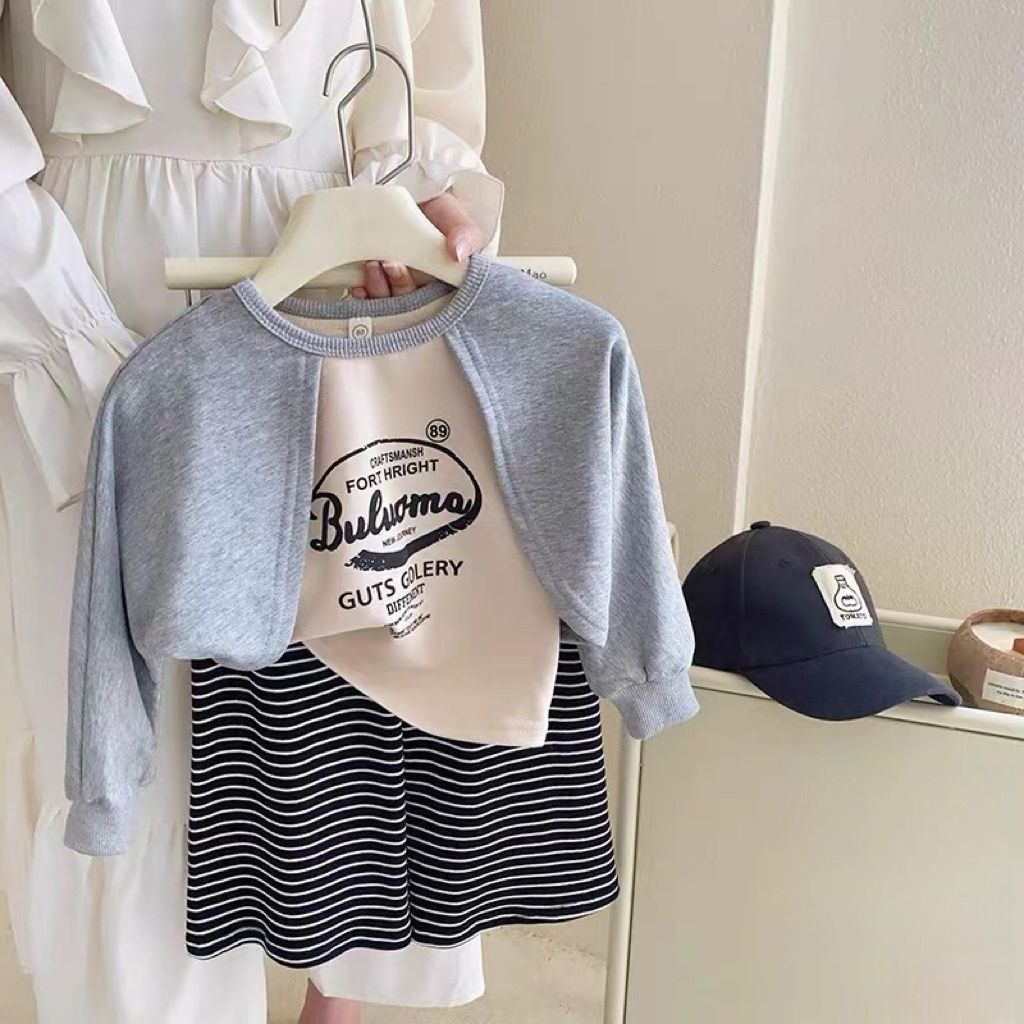 Korean Girls Suit  Autumn Little Girl Letter Print Irregular Fake Two-piece Top Nine-Point Striped Pants