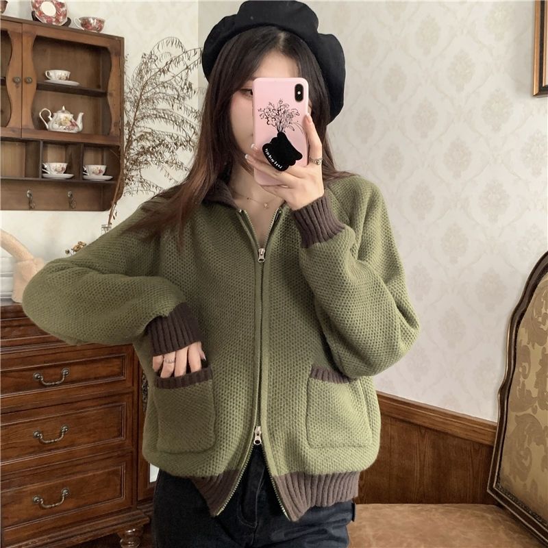 秋冬季新款韓版日系復古小個子寬鬆懶惰風翻領拉鏈針織毛衣開衫女