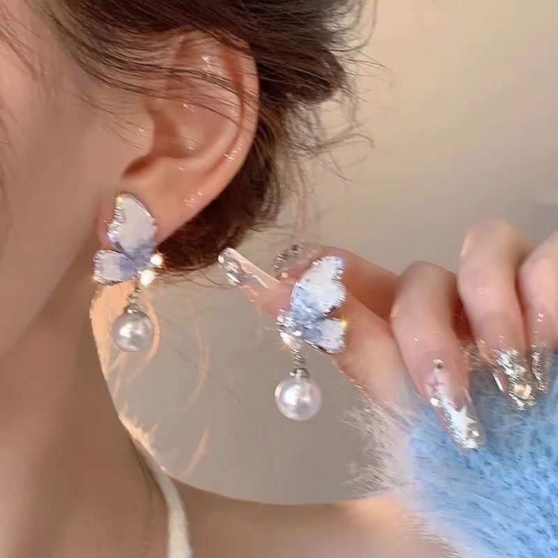 Crystal Blue Butterfly Pearl Earrings Women's Niche Design High-end Earrings Unique Earrings 2023 New Hot Style