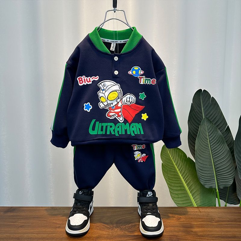 奧特曼衣服男童春秋套裝2023新款時髦拼接運動兩件套兒童休閒秋裝