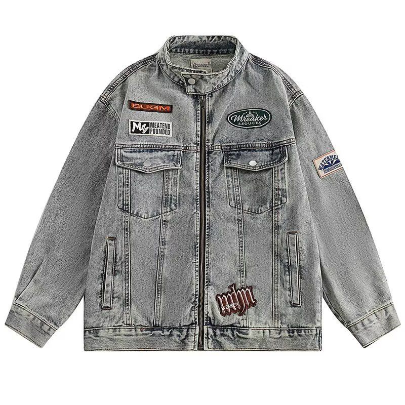 American retro badge old workwear denim jacket men and women trendy brand loose couple bf wind motorcycle stand collar jacket