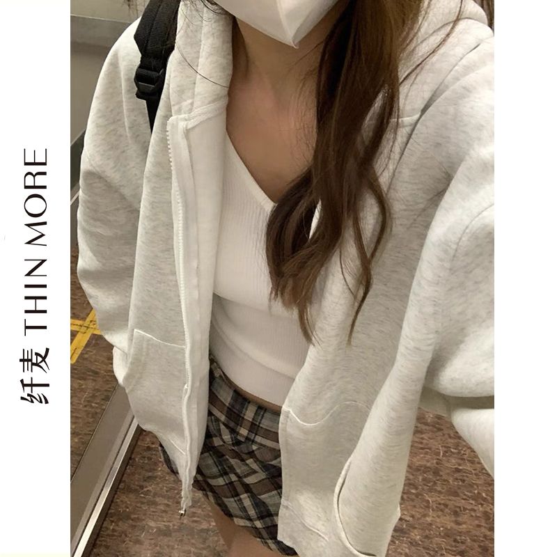 纖麥380G重磅寬鬆薄款衛衣女慵懶風純色拉鏈百搭學院風連帽外套潮