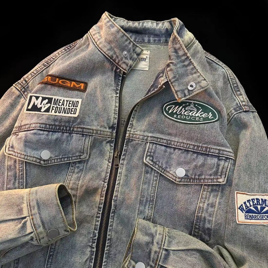 春秋美式復古牛仔外套ins男女水洗做舊工裝夾克vintage立領機車服