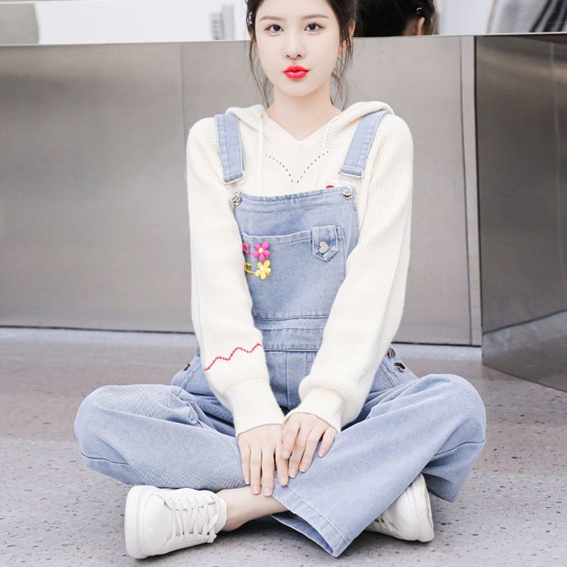 牛仔背帶褲套裝女秋冬時尚減齡寬鬆小個子設計感闊腿褲毛衣兩件套
