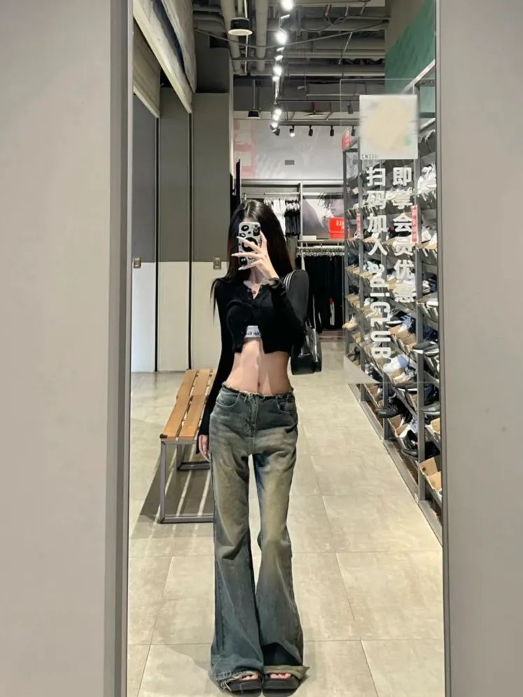 美式復古微喇叭牛仔褲女2023秋季新款辣妹低腰毛邊拖地闊腿褲子潮